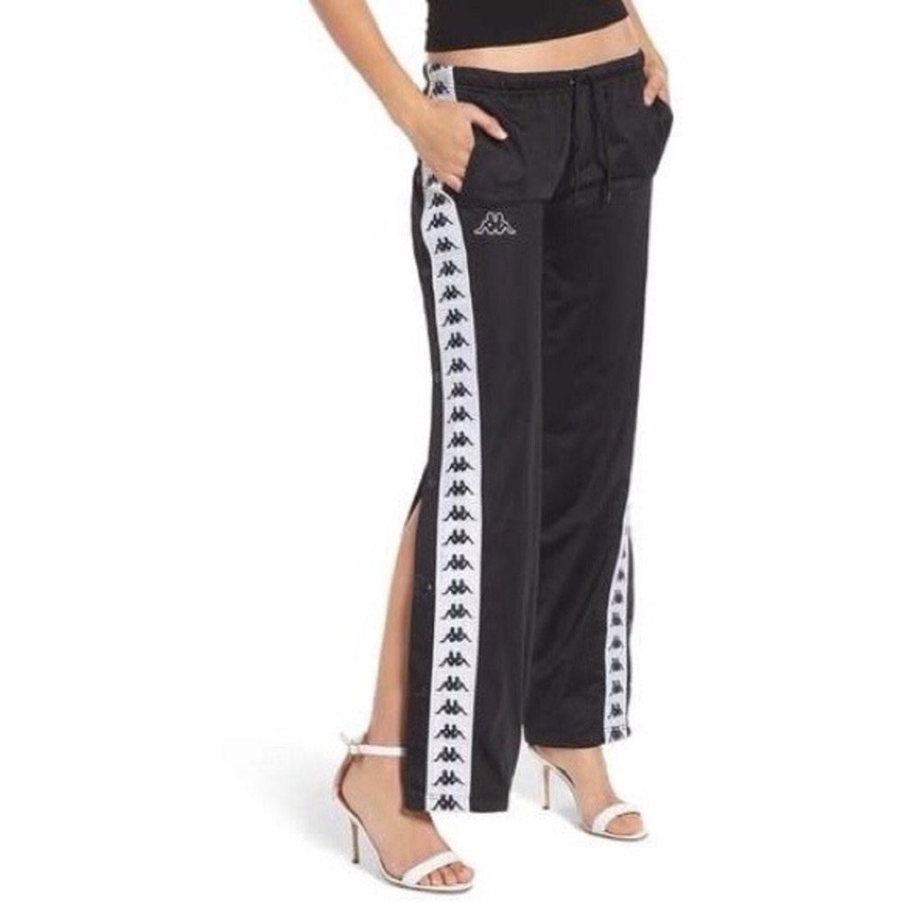 Kappa tracksuit pants black white button sides womens large